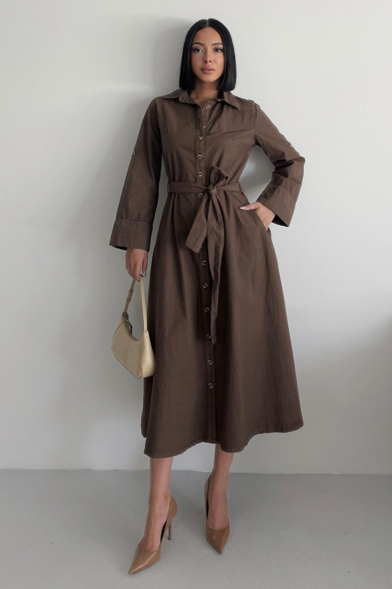Düğmeli Uzun Boy Kot Elbise - Kahverengi - (S-XL) - 5