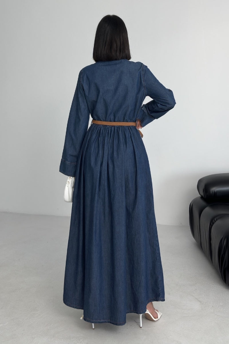 Büzgü Detaylı Uzun Kot Elbise - Düz Koyu Rins - (S-XL) - 2
