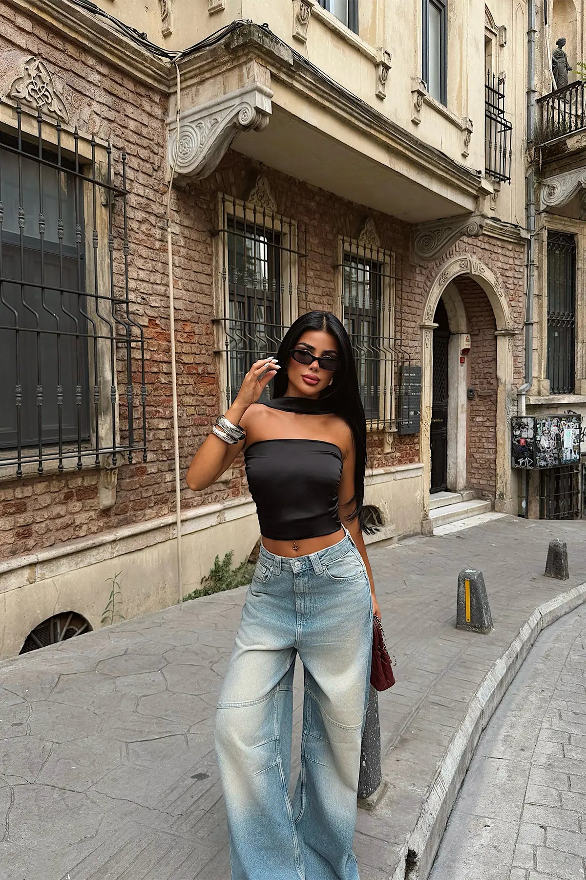 Siyah Saten Crop Top
