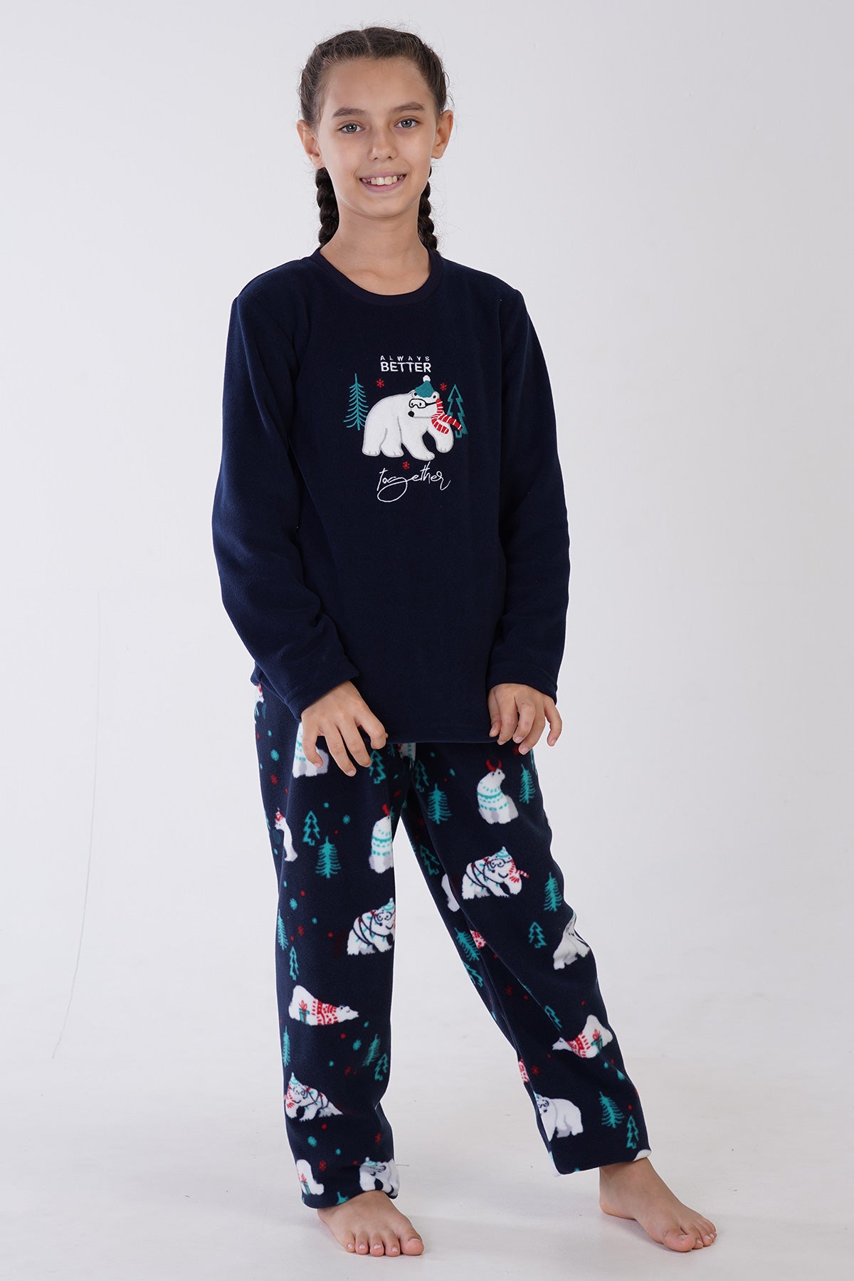 KIZ COCUK POLAR O YAKA UZUN KOL ETEGI OVAL PIJAMA TAKIM(9-10/15-16) - INDIGO