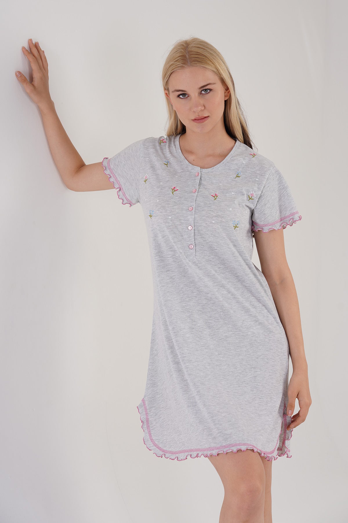 KADIN P.SUPREM PATLI KISA KOL ETEGI OVAL BIBILALI TUNIK - GRAY MELANGE