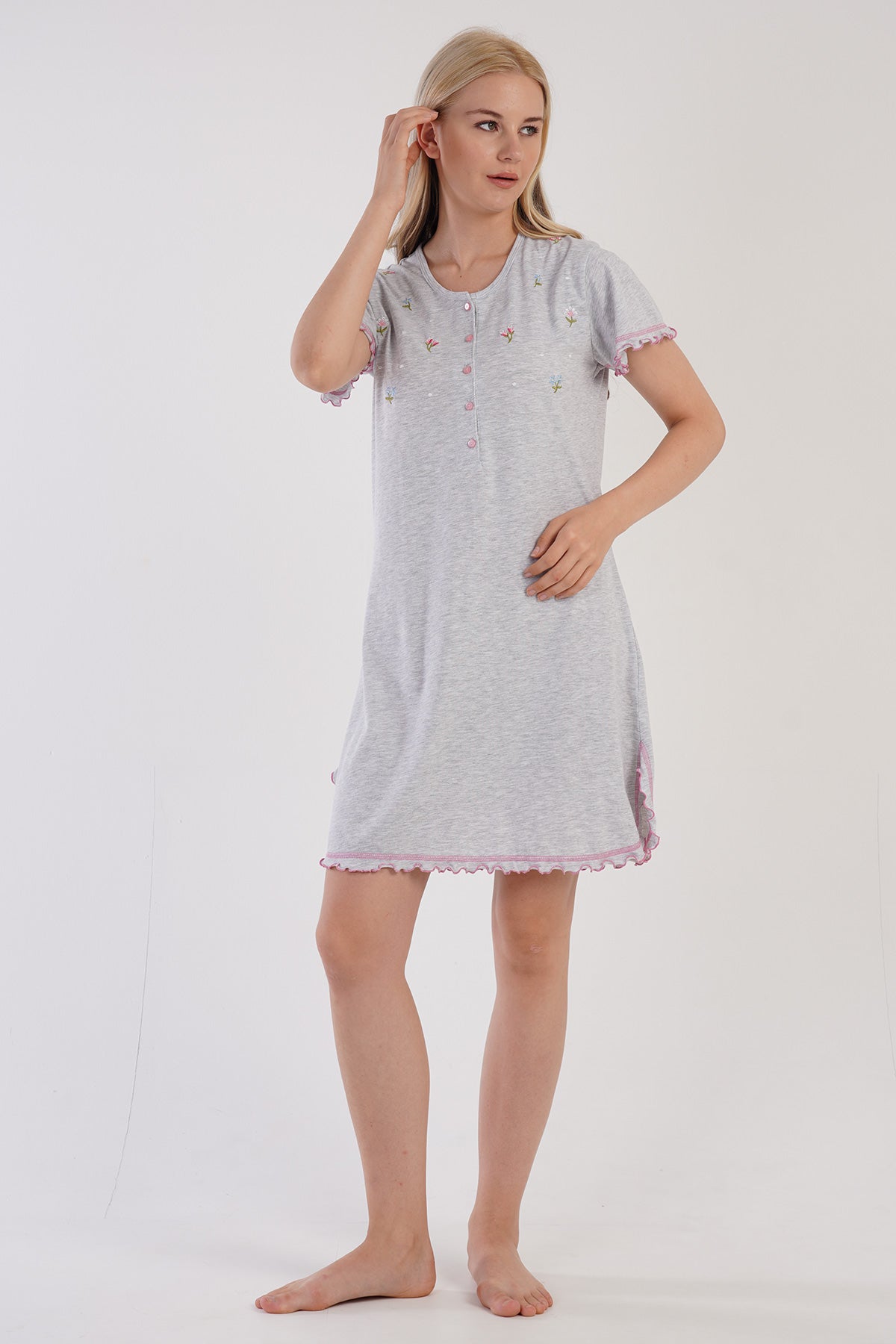KADIN P.SUPREM PATLI KISA KOL ETEGI OVAL BIBILALI TUNIK - GRAY MELANGE