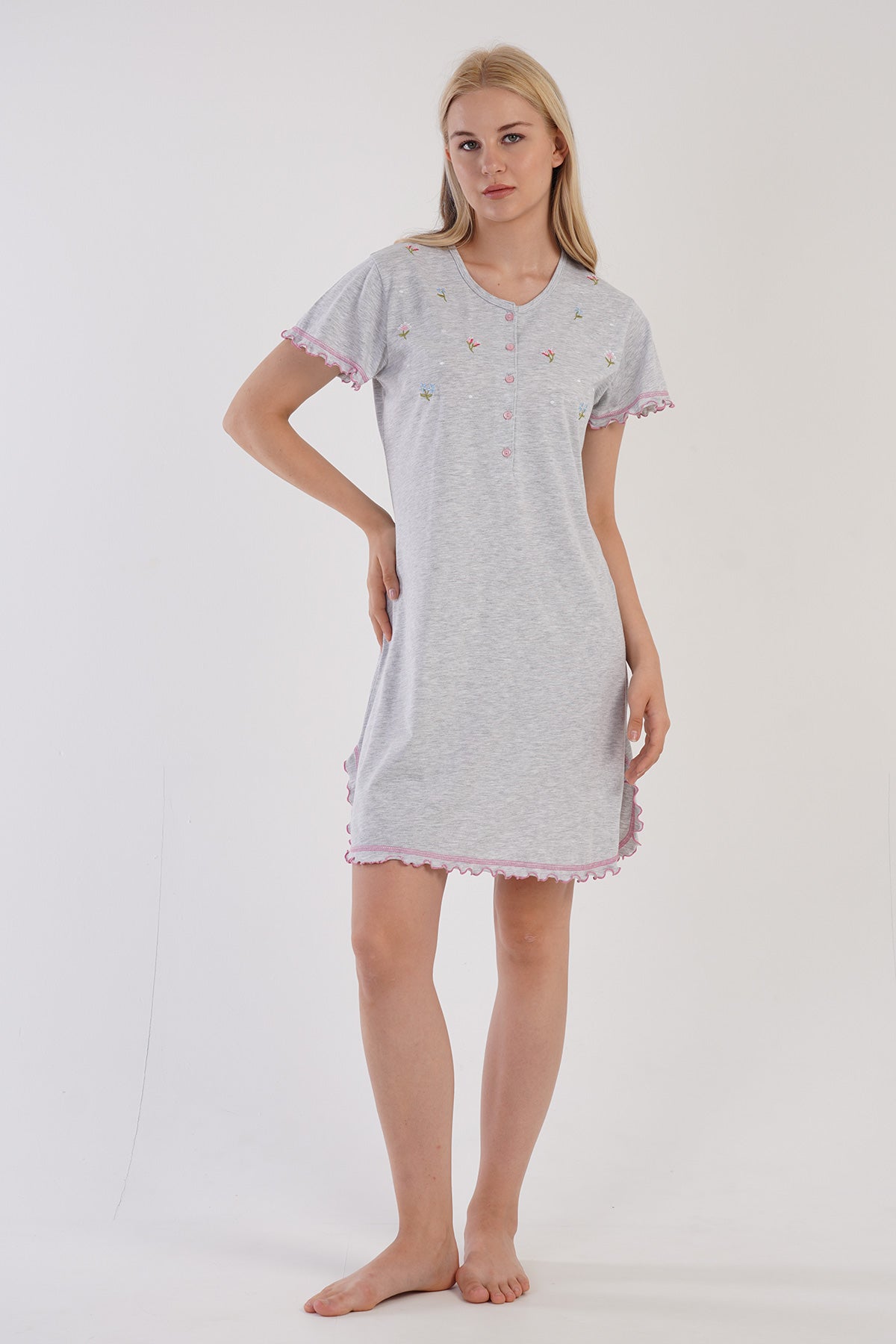KADIN P.SUPREM PATLI KISA KOL ETEGI OVAL BIBILALI TUNIK - GRAY MELANGE