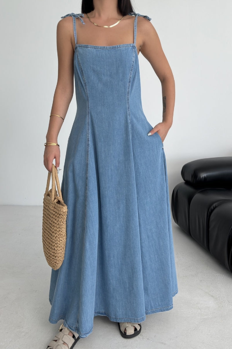 Bağcık Detaylı Volanlı Elbise - Orta Mavi - (S-XL) - 2