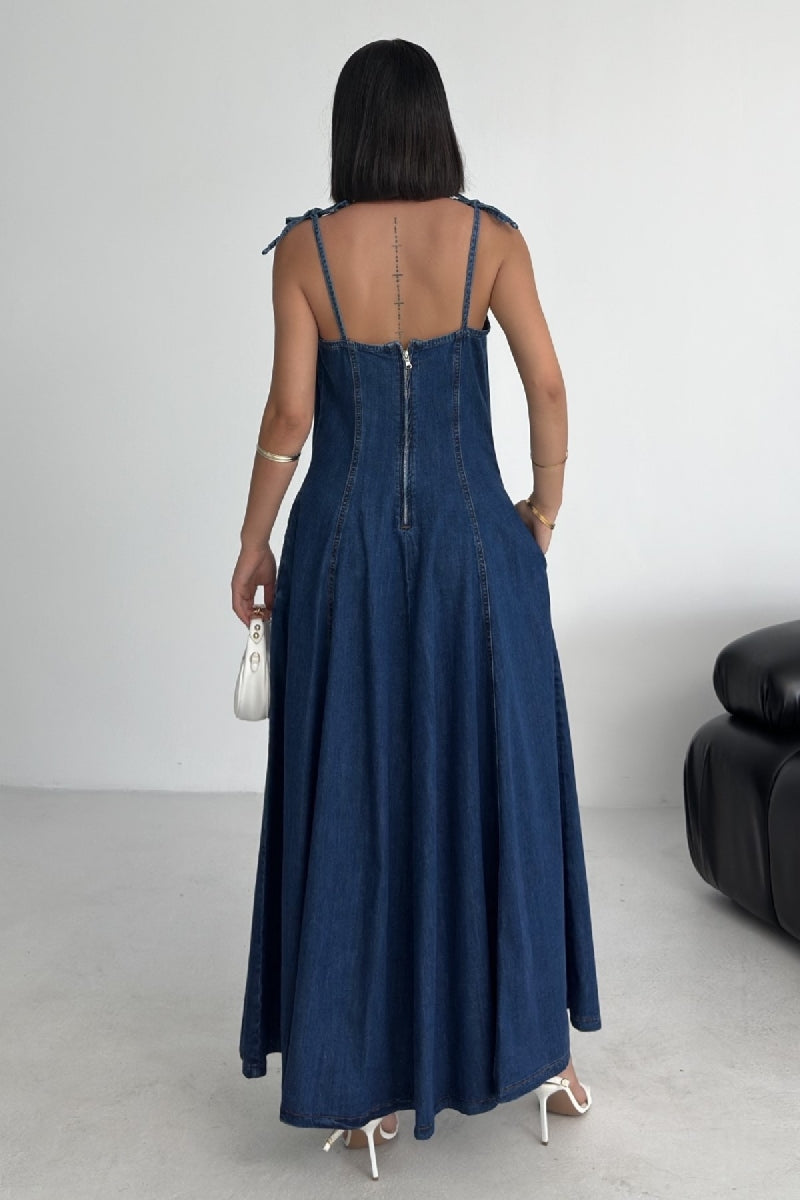 Bağcık Detaylı Volanlı Elbise - Düz Koyu Rins - (S-XL) - 2