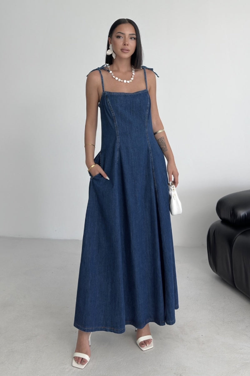 Bağcık Detaylı Volanlı Elbise - Düz Koyu Rins - (S-XL) - 6