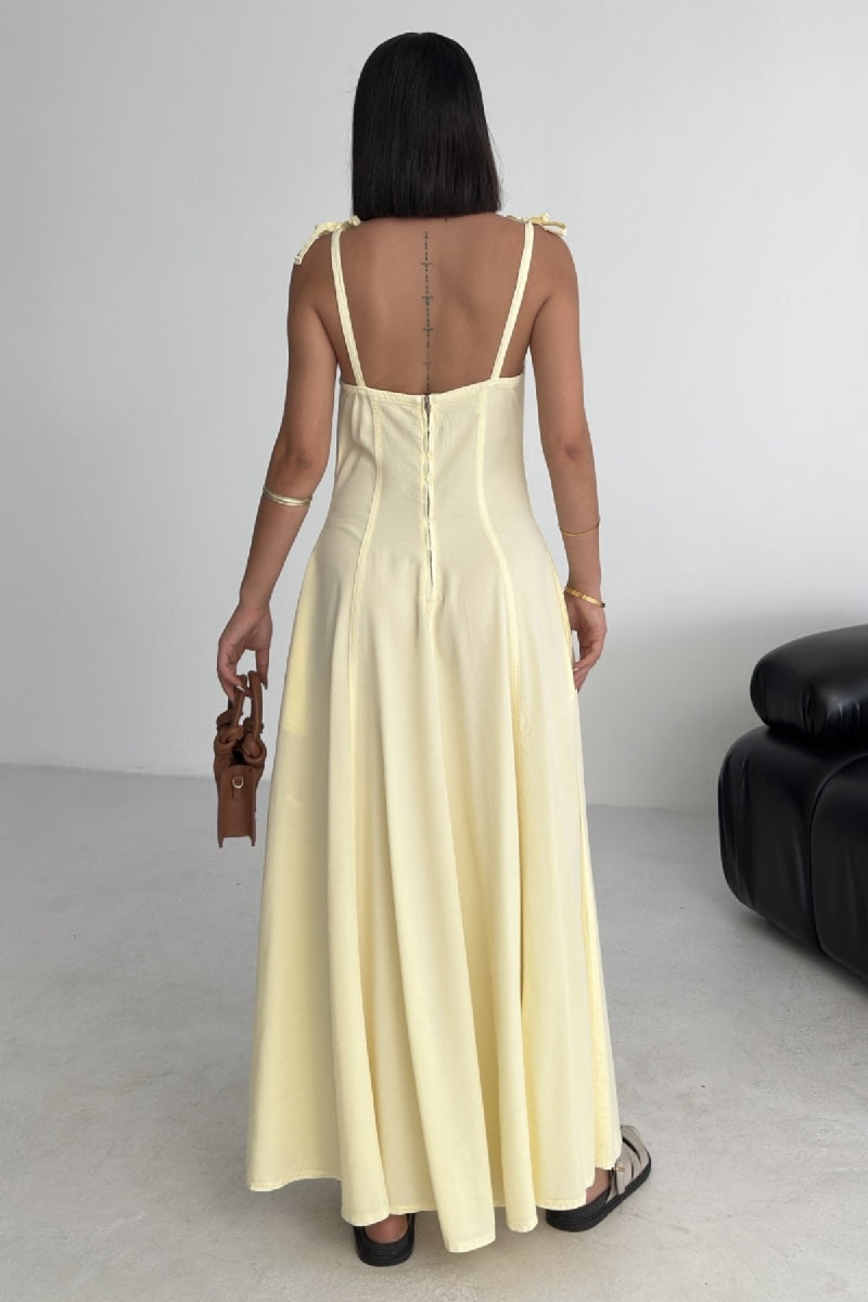 Bağcık Detaylı Volanlı Elbise - Açık Sarı - (S-XL) - 2
