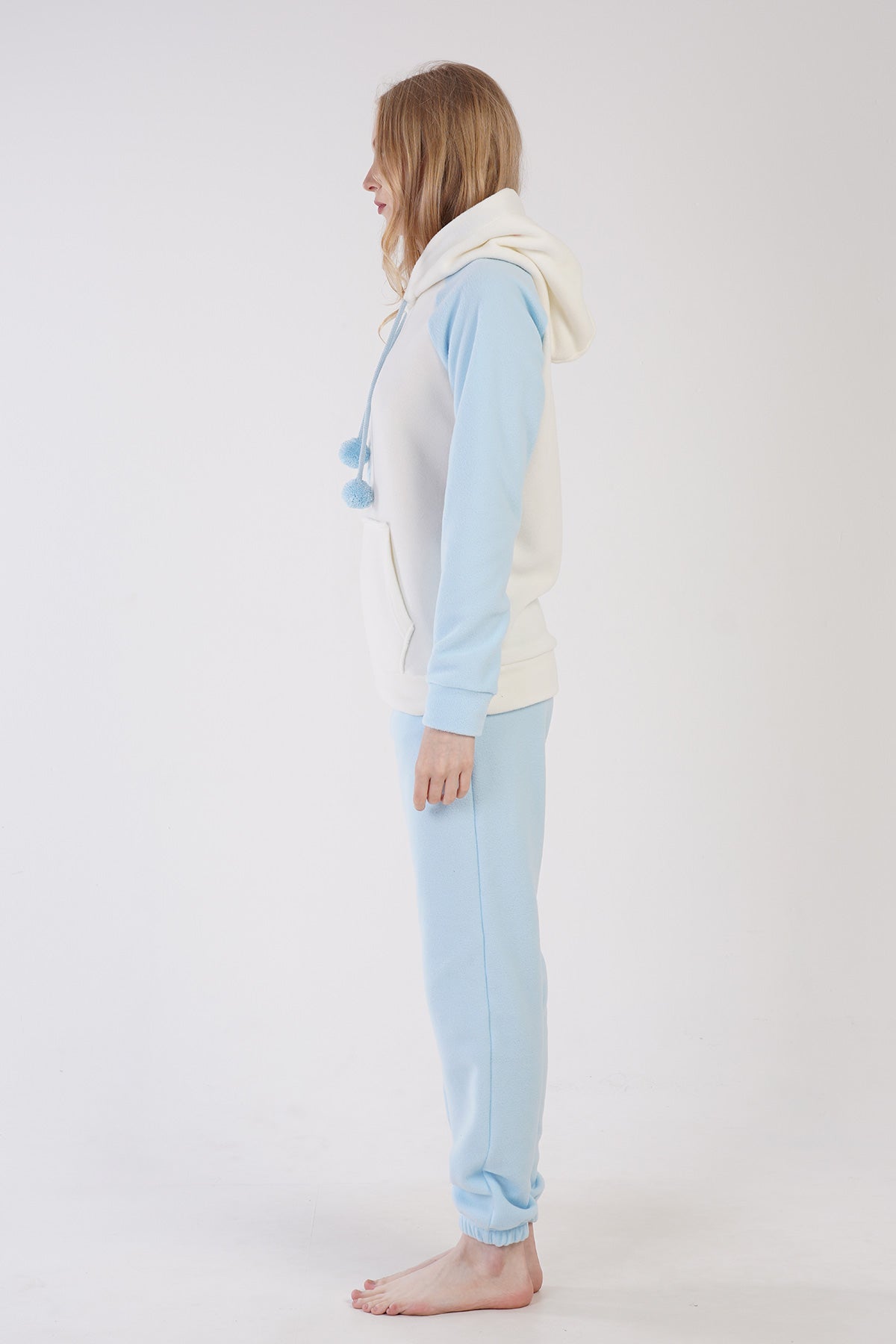 KADIN POLAR KAPSONLU REGLAN UZUN KOL KANGURU CEPLI PACASI BUZGULU MANSETLI CEPLI PIJAMA TAKIM - MAVI
