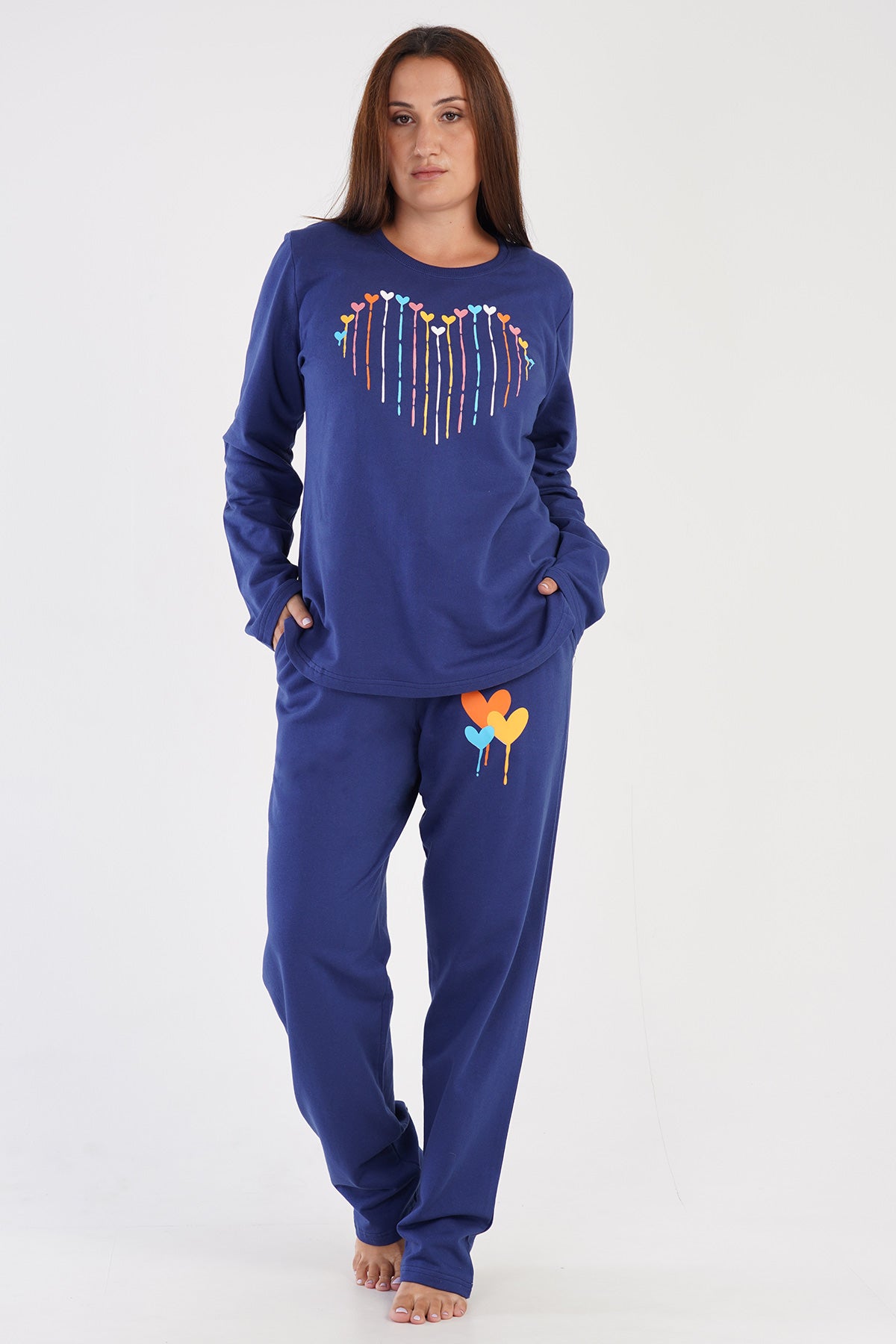 KADIN 2IPLIK XXL O YAKA UZUN KOL ETEGI OVAL CEPLI PIJAMA TAKIM - 1193INDIGO