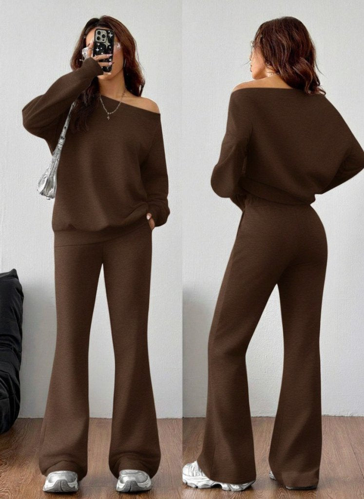 Kadın Uzun Kollu Tek Omuzdan ıkmiki Iplik Bluz Ve Pantolon Ikili Takım , 30595