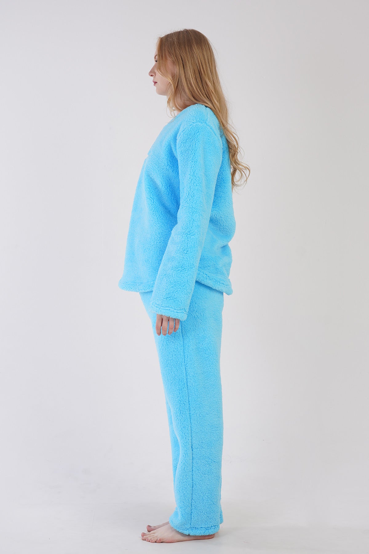 KADIN WELSOFT O YAKA UZUN KOL ETEGI OVAL CEPLI PIJAMA TAKIM - TURKUAZ