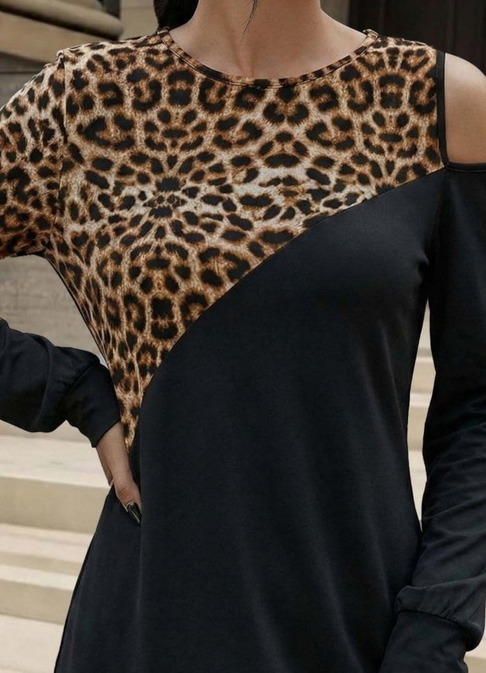 Kadın Uzun Kollu Omuzdan Açık Leopar Desenli Viskon Iki Iplik Mini Elbise , 30700