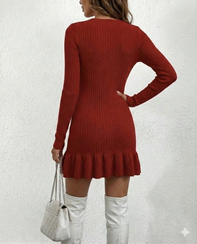Kadın Bisiklet Yaka Uzun Kol Etek Ucu Fırfırlı Triko (polyenit) Mini Boy Elbise, 37847