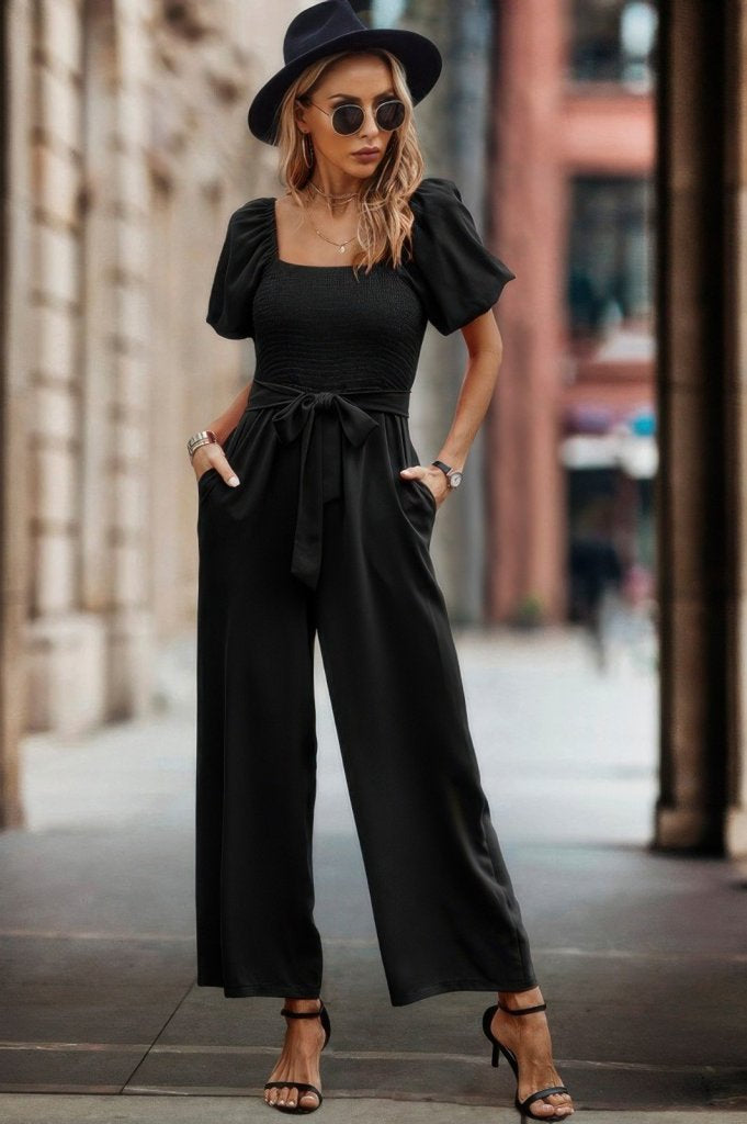 Women's Short Sleeve Square Neck Shirred Bust Tie Waist Long Jumpsuit, 30962