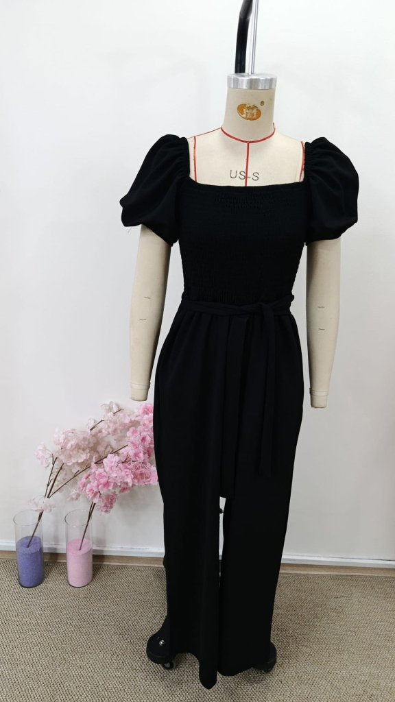 Women's Short Sleeve Square Neck Shirred Bust Tie Waist Long Jumpsuit, 30962