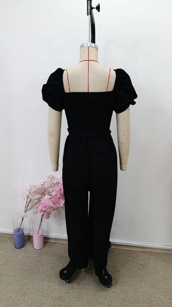 Women's Short Sleeve Square Neck Shirred Bust Tie Waist Long Jumpsuit, 30962