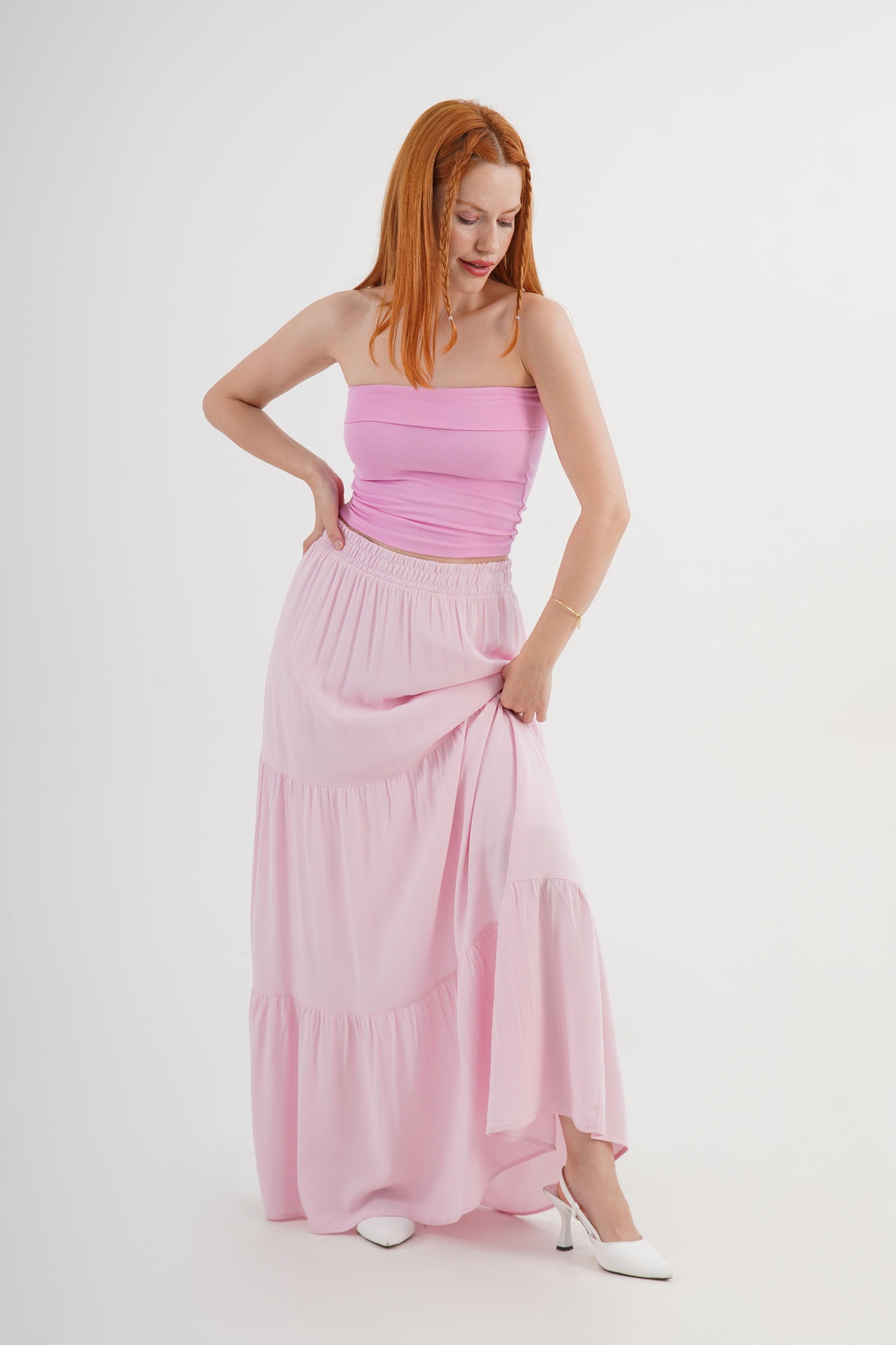 Fırfırlı Uzun Toptan Pembe Etek Siyah S