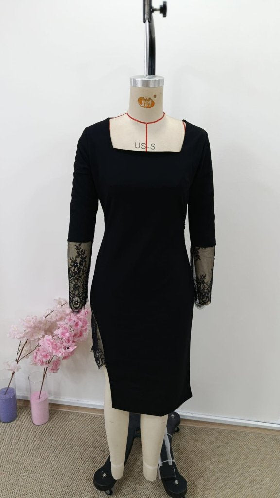 Women's Long Sleeve Geometric Collar Lace Detail Imported Crepe Midi Dress, 31000