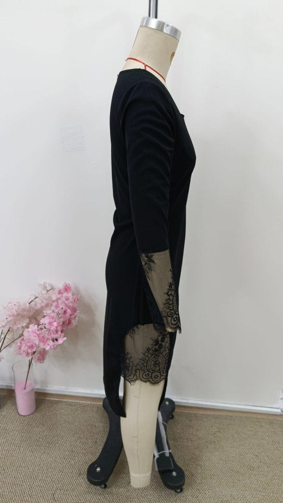 Women's Long Sleeve Geometric Collar Lace Detail Imported Crepe Midi Dress, 31000