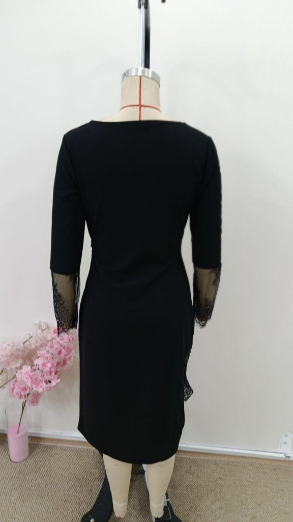 Women's Long Sleeve Geometric Collar Lace Detail Imported Crepe Midi Dress, 31000