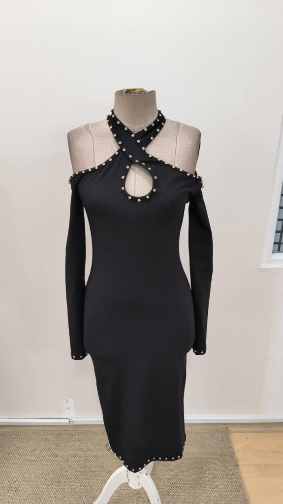 Women's Off-the-Shoulder Halter Neck Jewel Embellished Midi Scuba Dress, 31018