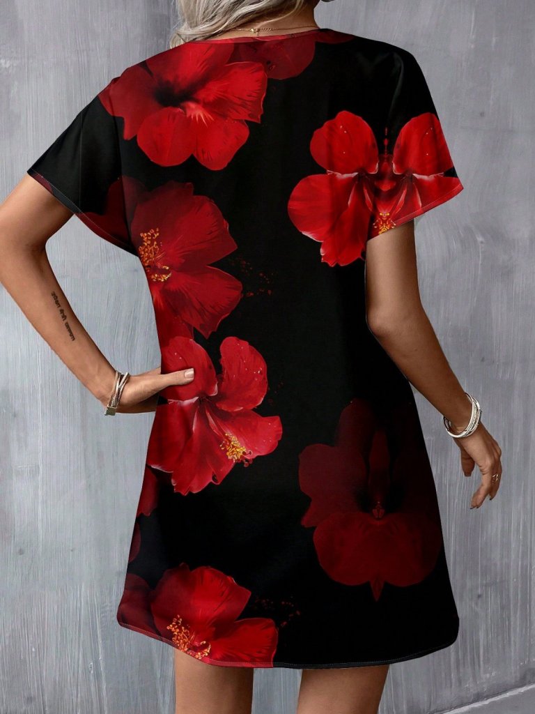 Women's Short Batwing Sleeve V-Neck Floral Print Jersey Short Dress, 31025