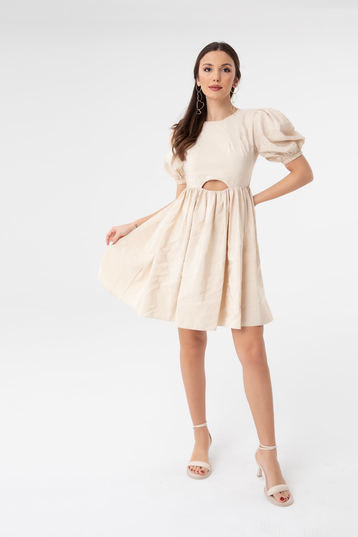 Kadın Poplin Yarım Kol Elbise - 31069ELB - BEIGE