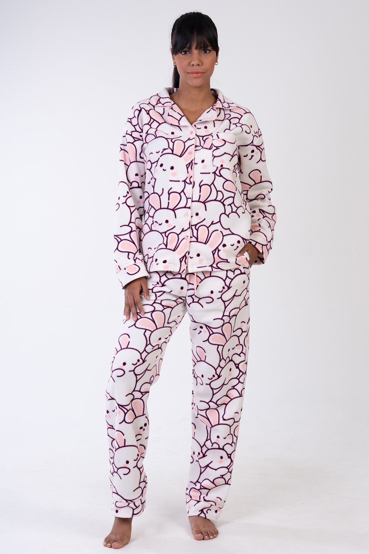 Woman Rabbit Fleece Buttoned Pyjama Set