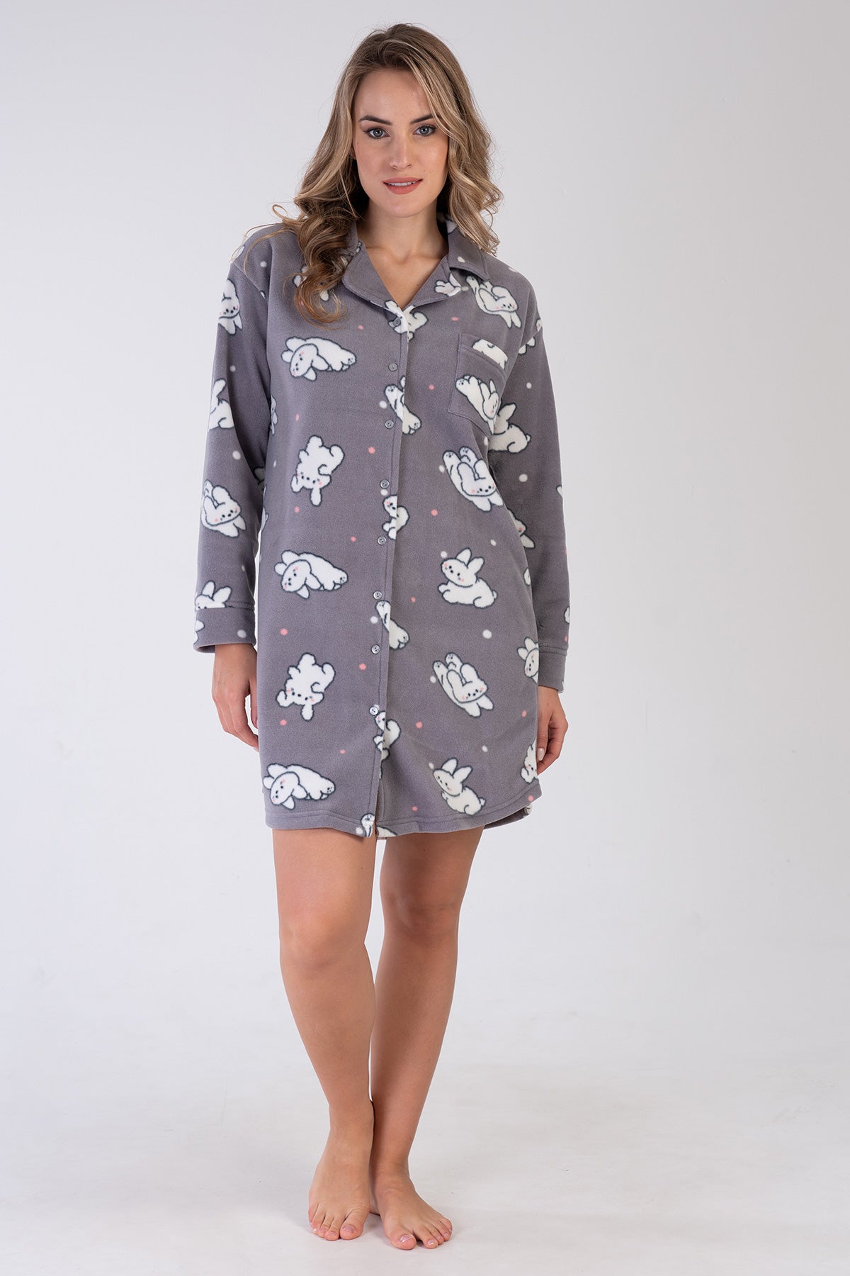 KADIN POLAR TAMAMI DUGMELI UZUN KOL ETEGI OVAL GOMLEK TUNIK