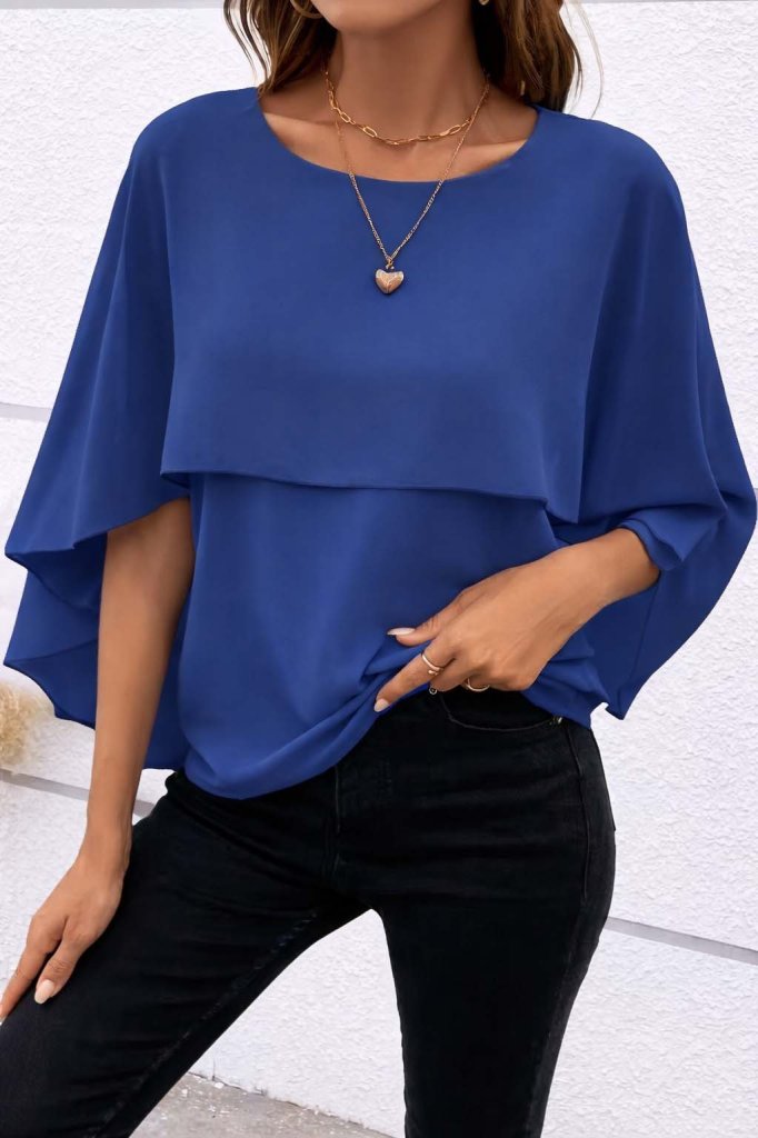 Women's Short Sleeve Round Neck Wide Fit Batwing Sandy Blouse, 31115