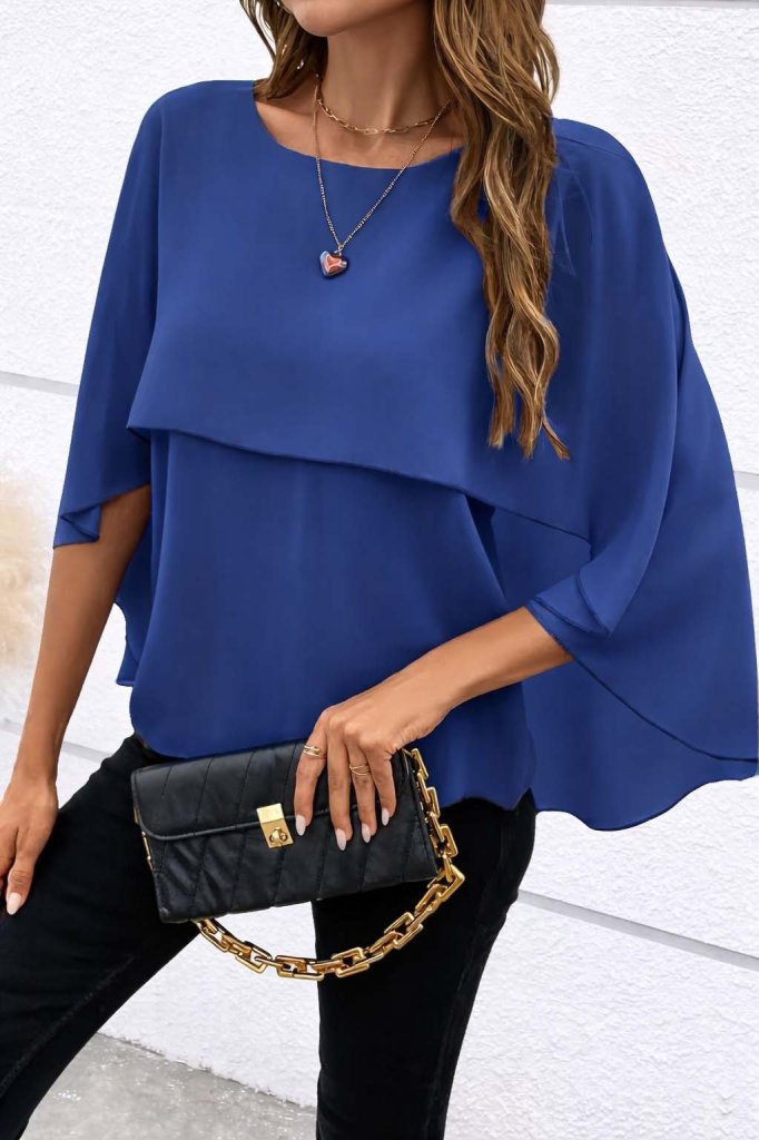 Women's Short Sleeve Round Neck Wide Fit Batwing Sandy Blouse, 31115