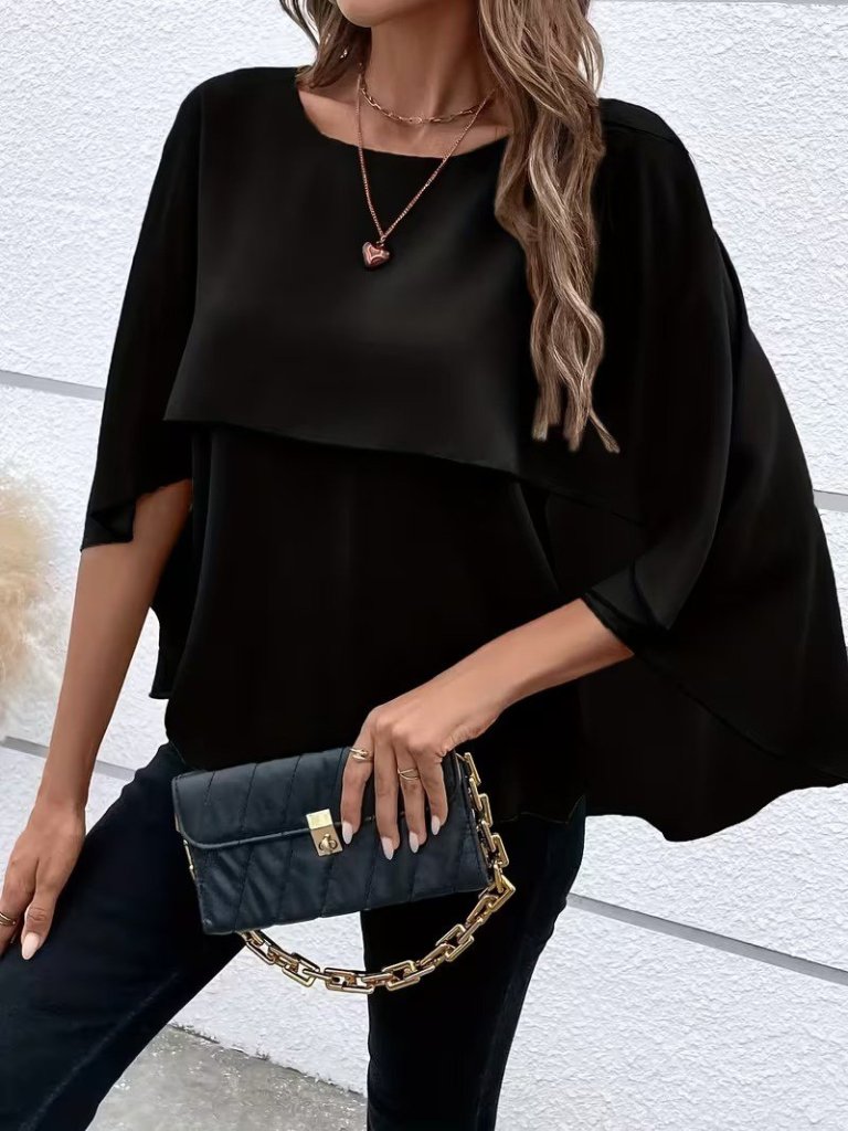 Women's Short Sleeve Round Neck Wide Cut Batwing Sandy Blouse, 31116