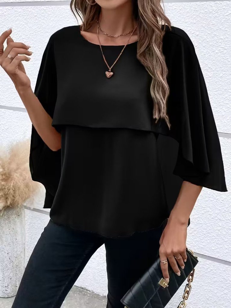 Women's Short Sleeve Round Neck Wide Cut Batwing Sandy Blouse, 31116