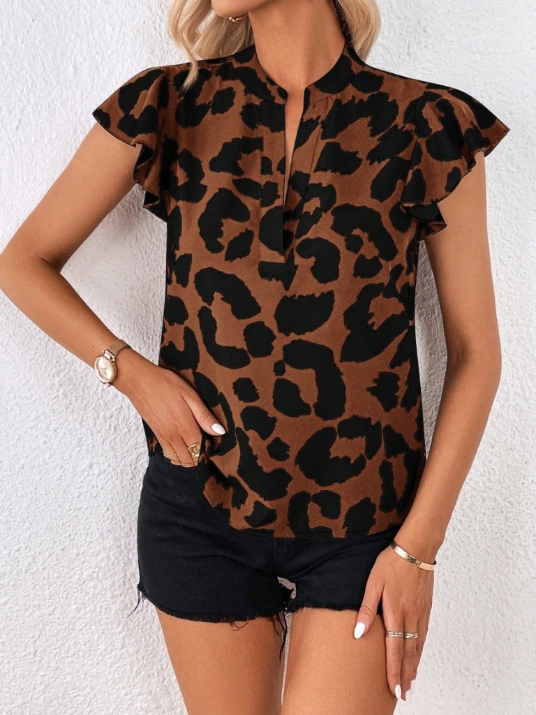 Women's Short Ruffle Sleeve V-Neck Leopard Print Supra Blouse, 31118