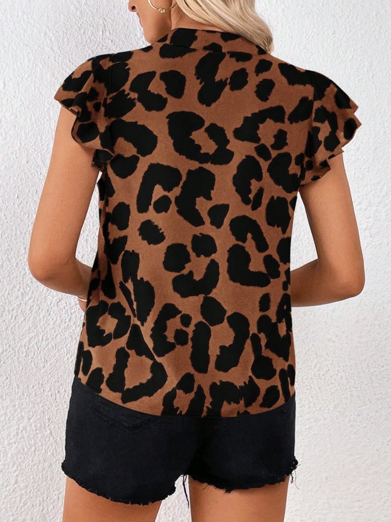 Women's Short Ruffle Sleeve V-Neck Leopard Print Supra Blouse, 31118