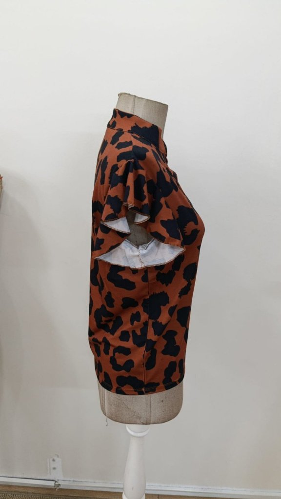 Women's Short Ruffle Sleeve V-Neck Leopard Print Supra Blouse, 31118