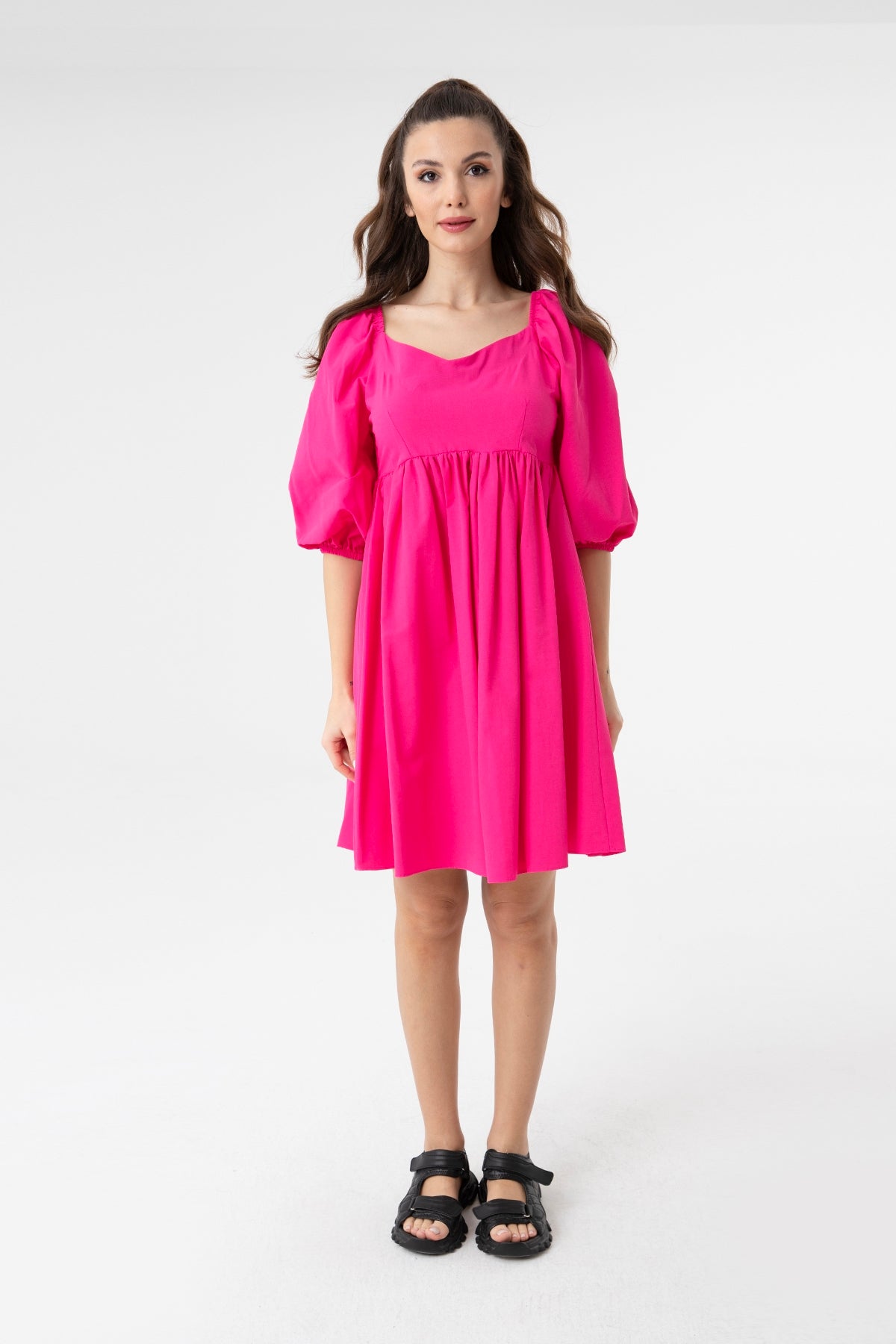 Kadın V Yaka Balon Kol Büzgülü Mini Elbise-31153ELB - FUCHSIA