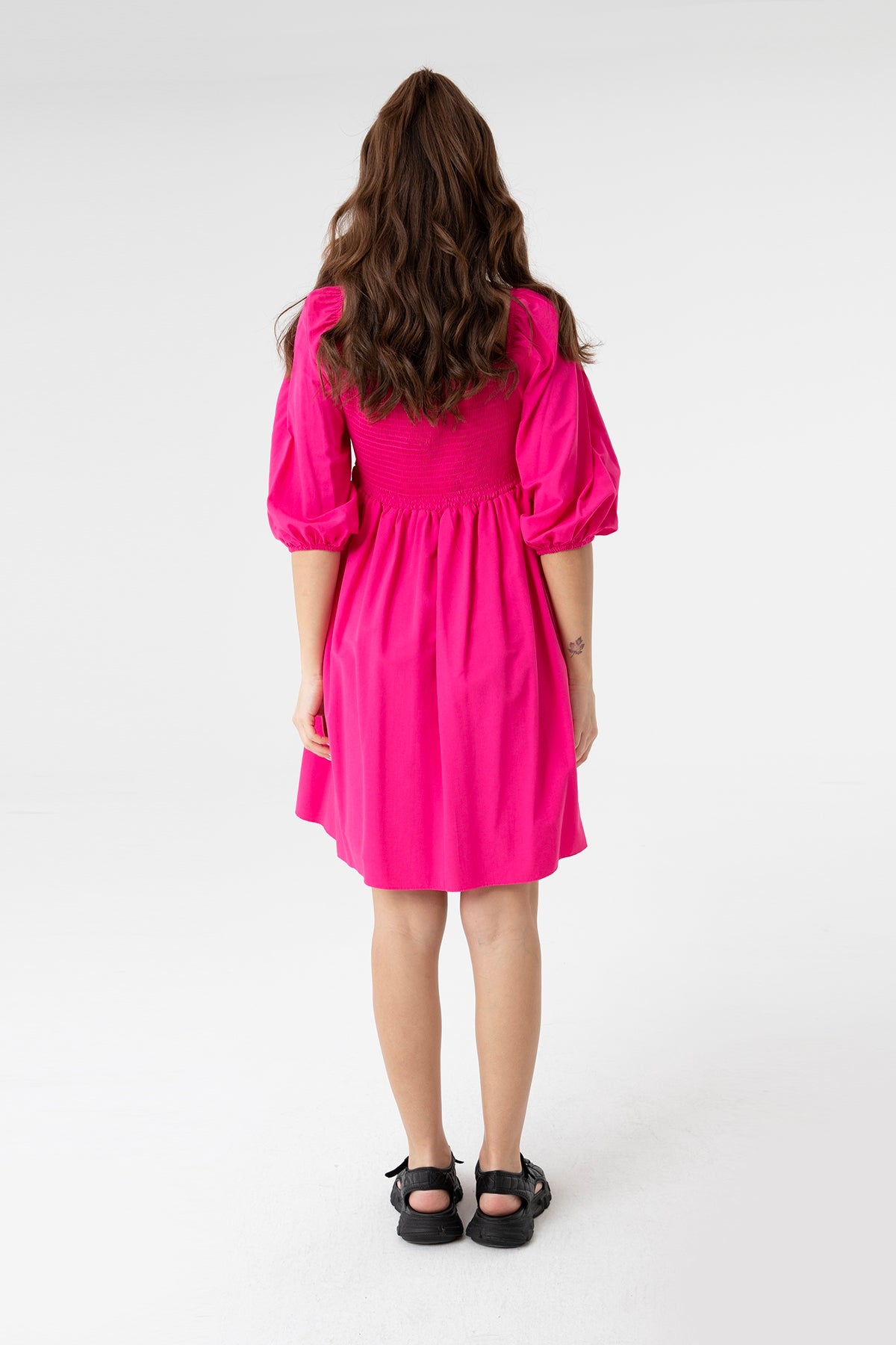 Women's V-Neck Balloon Sleeve Gathered Mini Dress-31153ELB