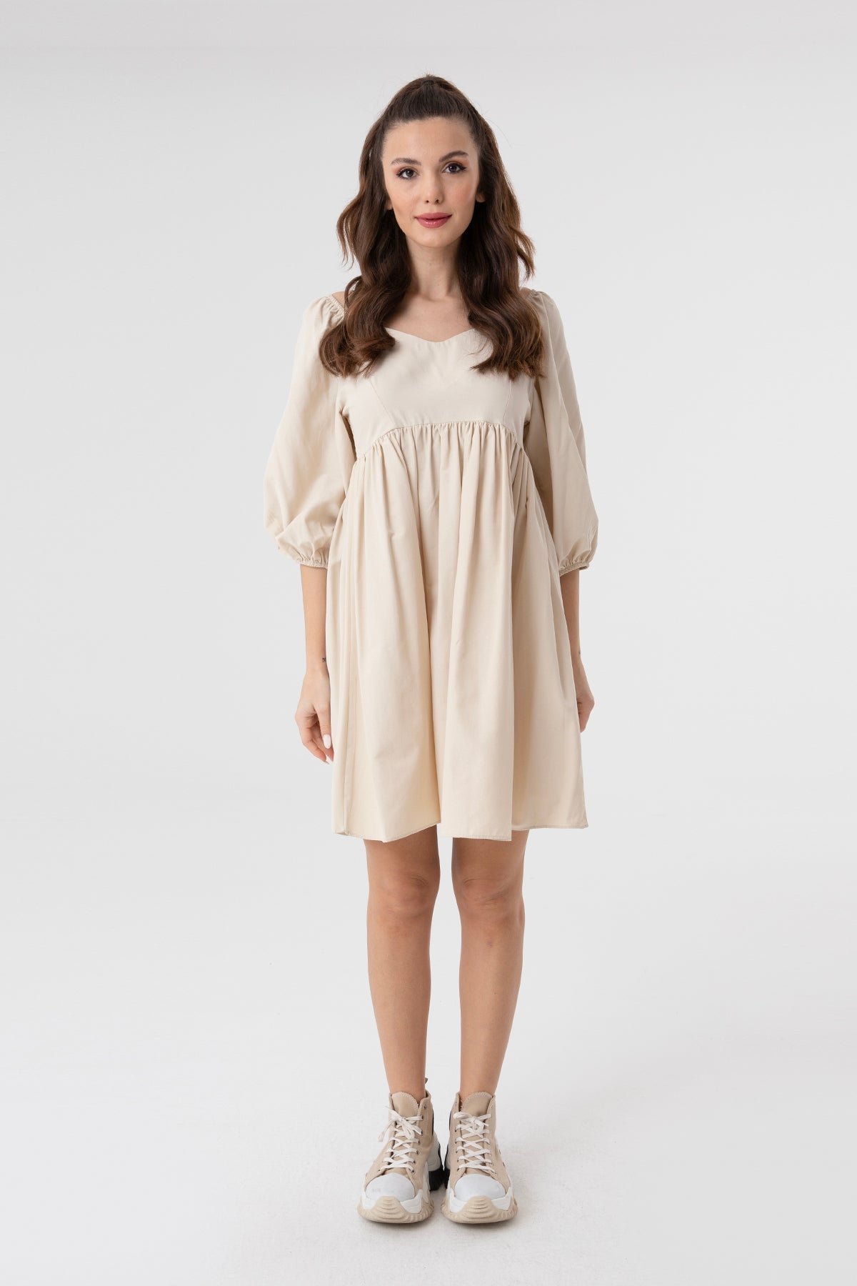 Kadın V Yaka Balon Kol Büzgülü Mini Elbise-31153ELB - BEIGE