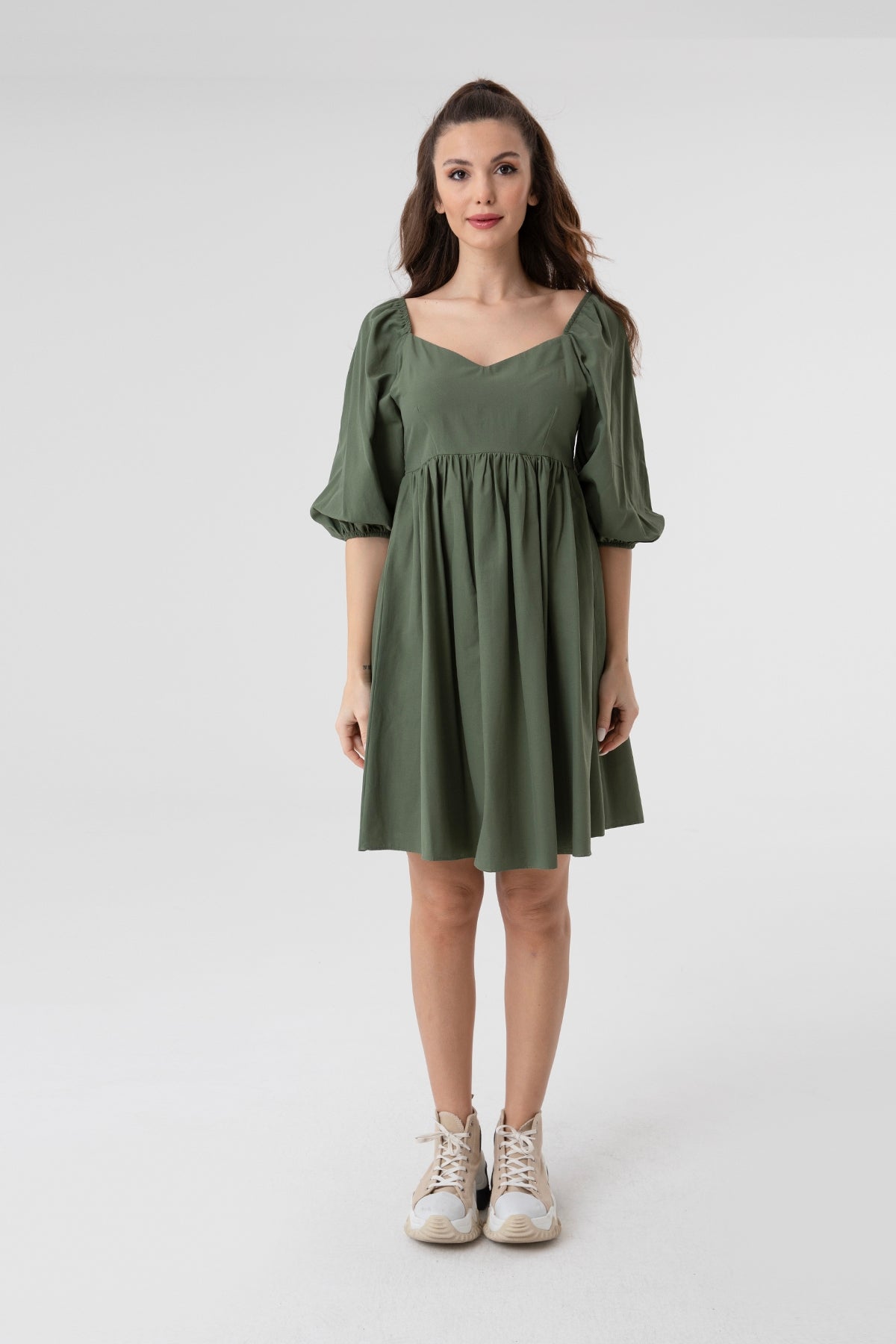 Kadın V Yaka Balon Kol Büzgülü Mini Elbise-31153ELB - KHAKI
