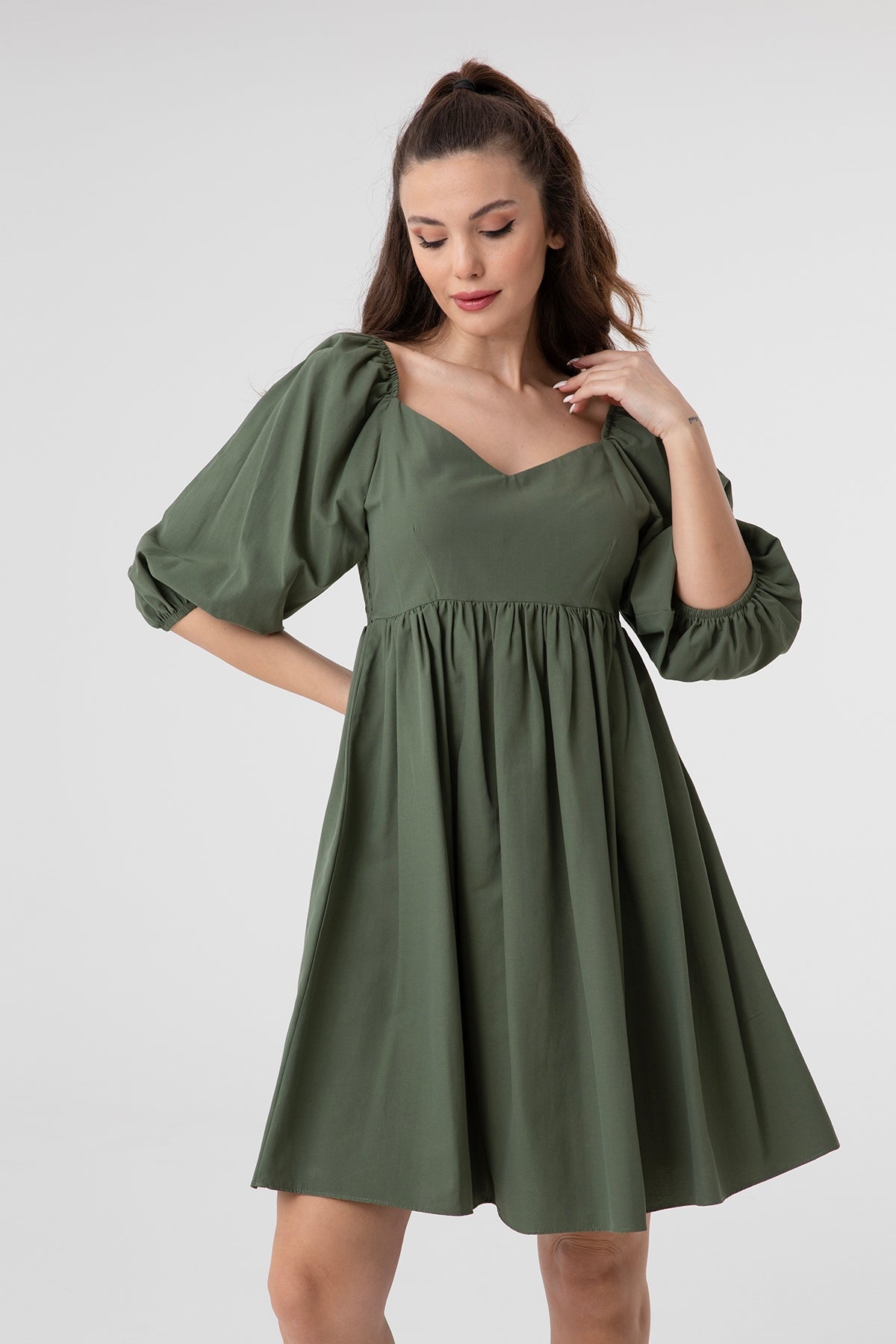 Women's V-Neck Balloon Sleeve Gathered Mini Dress-31153ELB