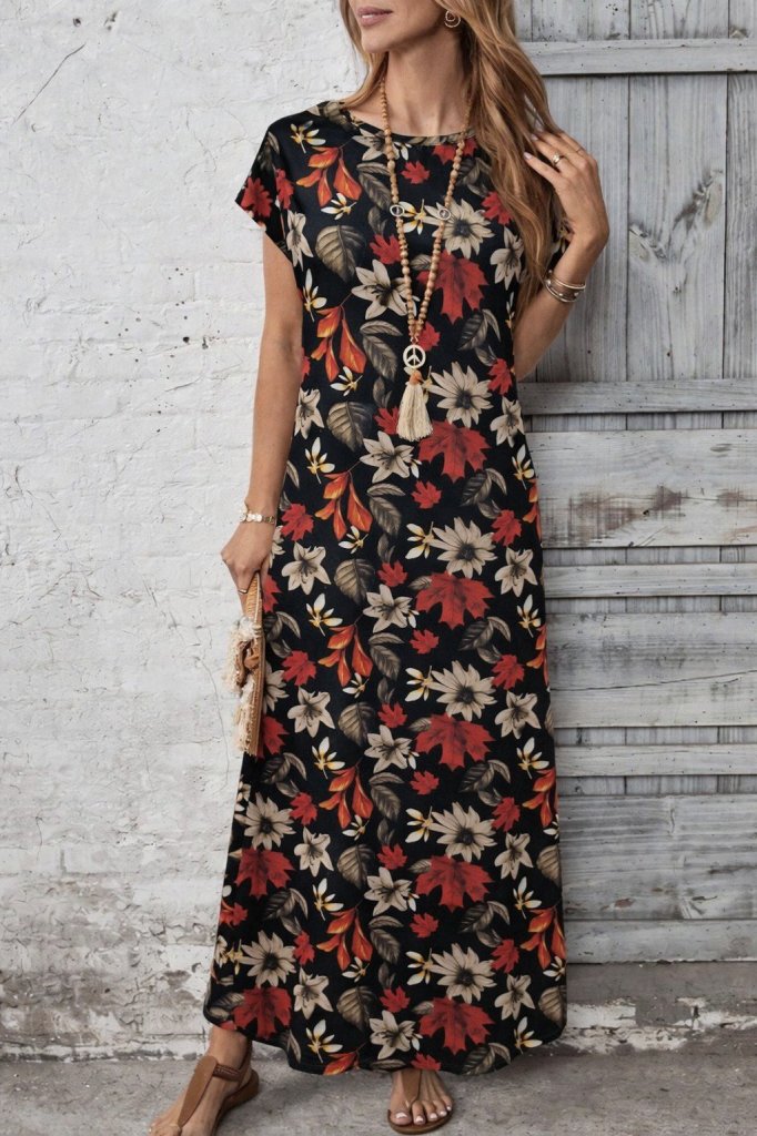 Women's Short Sleeve Crew Neck Floral Pattern Long Supima Dress, 31168