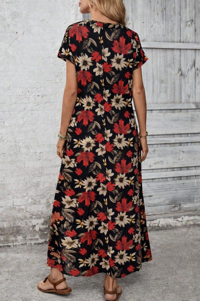 Women's Short Sleeve Crew Neck Floral Pattern Long Supima Dress, 31168
