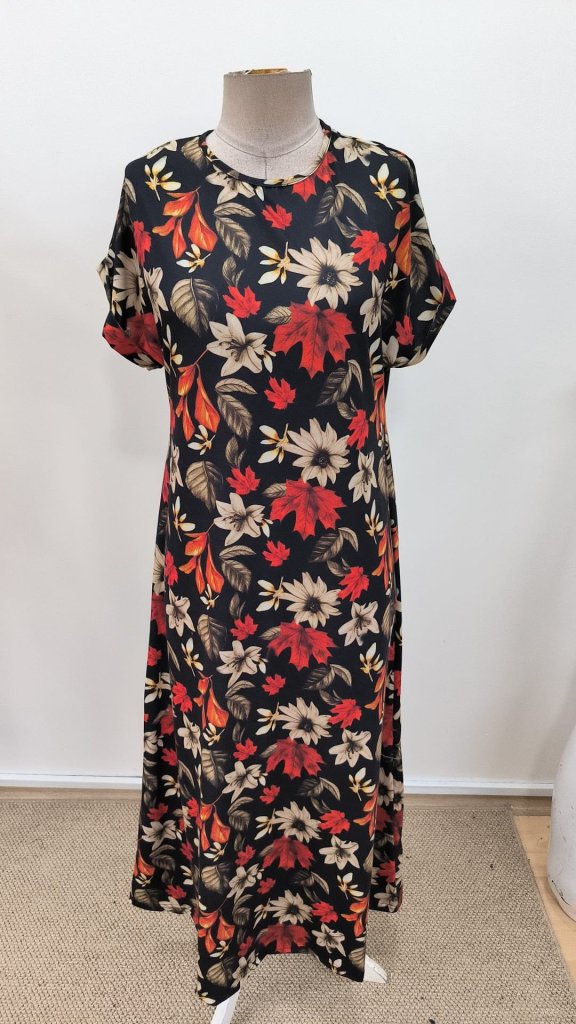 Women's Short Sleeve Crew Neck Floral Pattern Long Supima Dress, 31168
