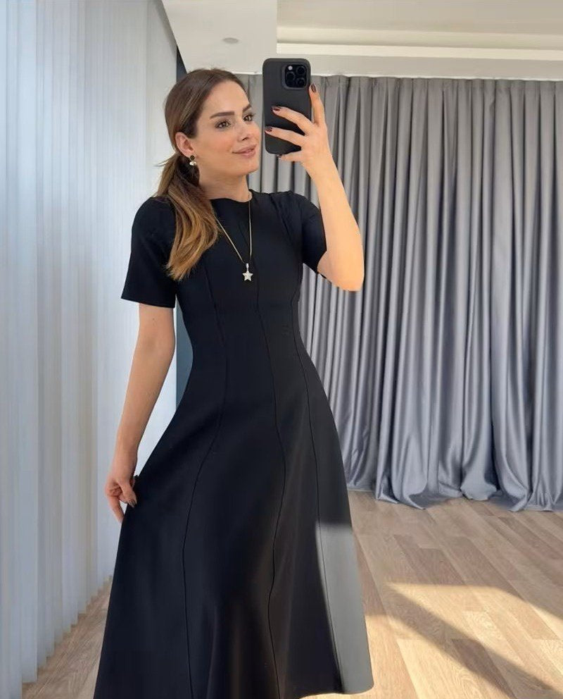 Kadın Kısa Kollu Bisiklet Yaka Maksi Boy Ithal Krep Elbise , 36200
