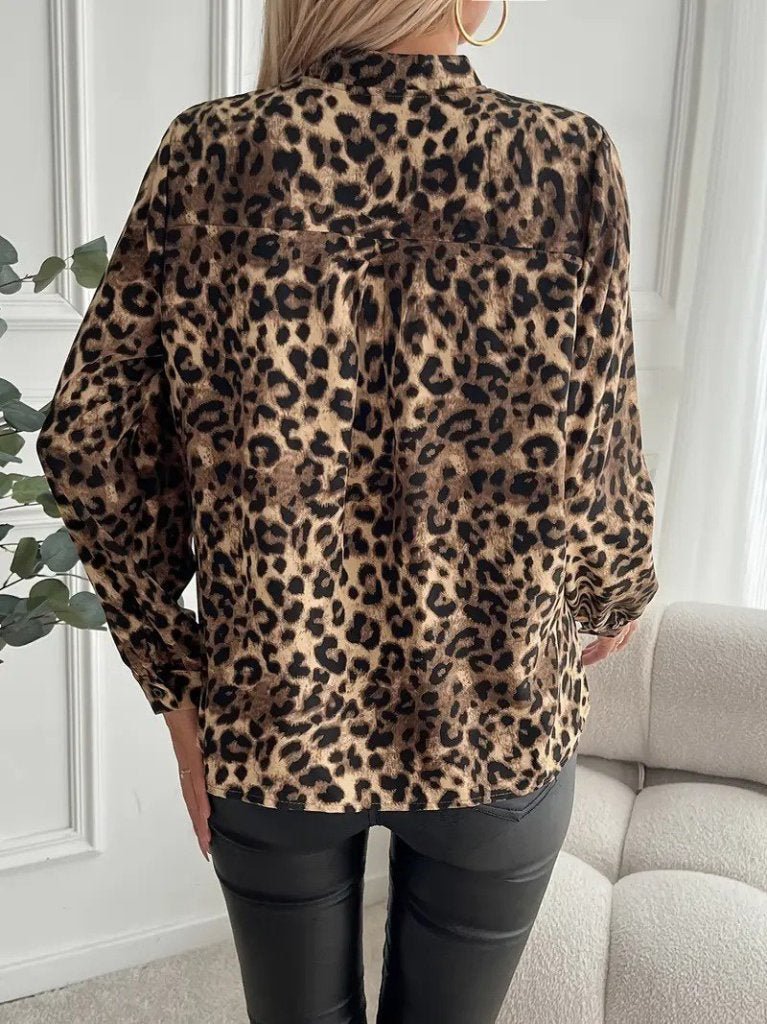 Kadın Uzun Kollu V Yakalı Modal Leopar Desenli Bluz, 31275