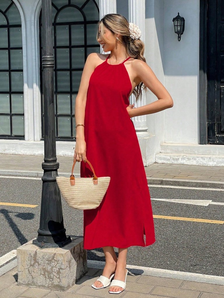 Kadın Omuzlardan Açık Boyundan Bağlamalı Arkası çapraz Detaylı Uzun Viskon Elbise , 31337