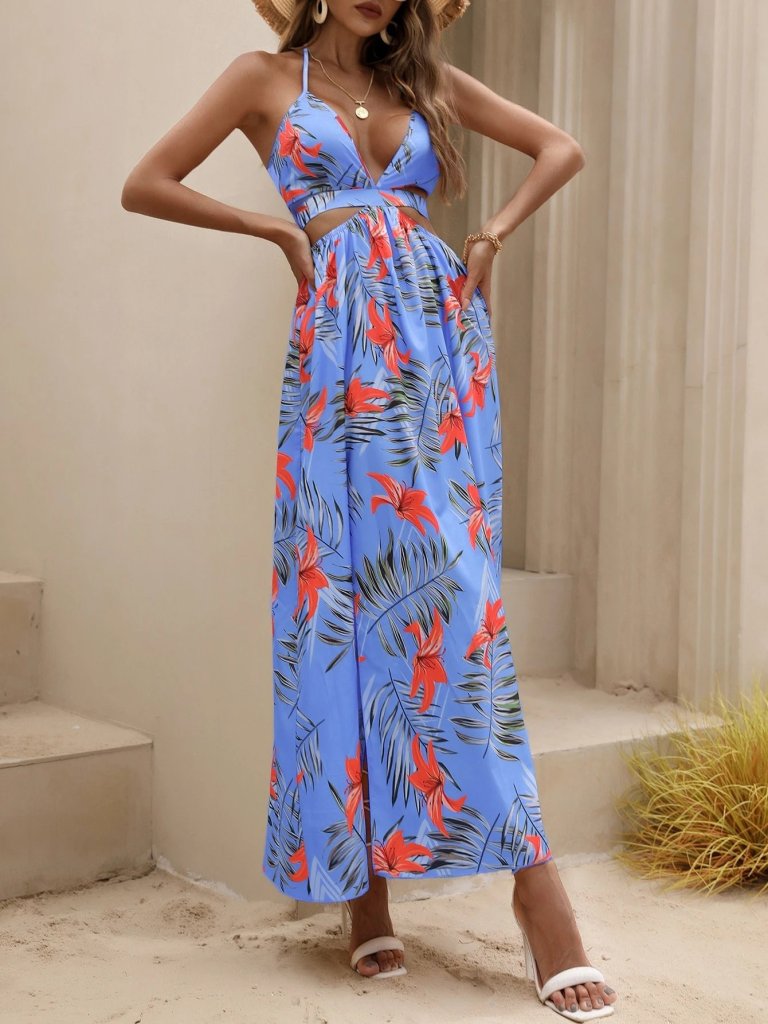 Women's Thin Strap Halter Neck V-Neck Slit Long Patterned Supreme Dress, 31350