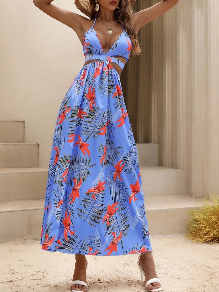 Women's Thin Strap Halter Neck V-Neck Slit Long Patterned Supreme Dress, 31350