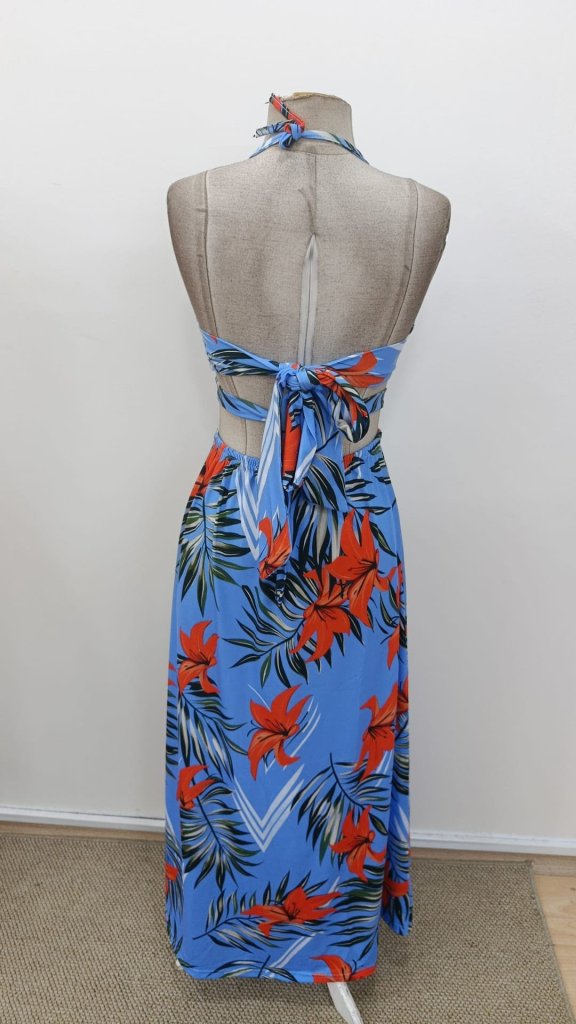 Women's Thin Strap Halter Neck V-Neck Slit Long Patterned Supreme Dress, 31350